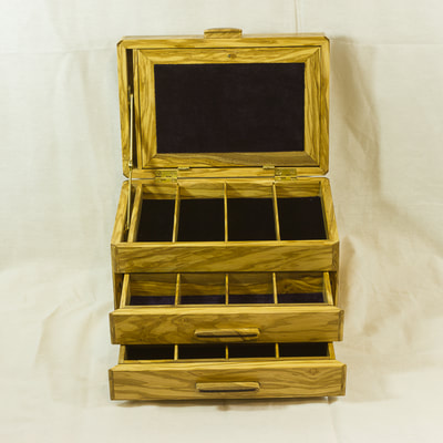 Lots of compartments inside olive wood Jewellery box By Reuben's Woodcraft
